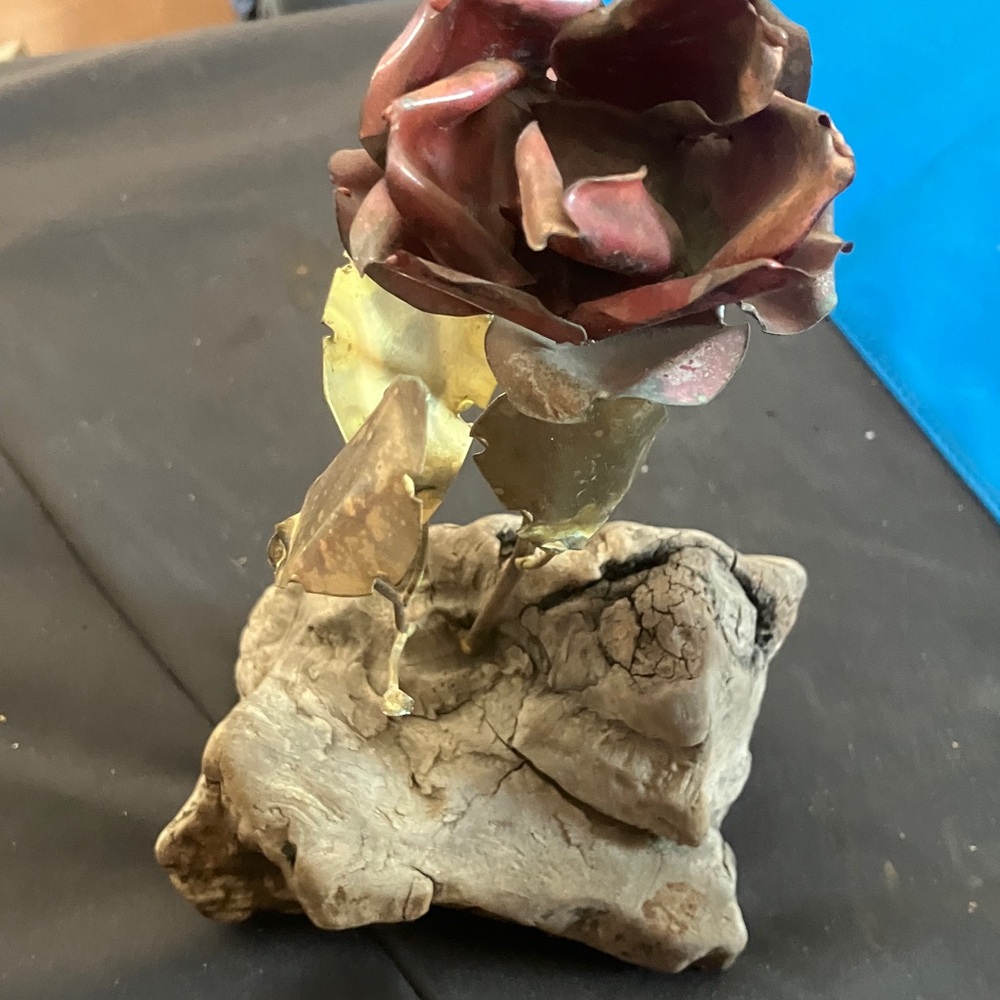 Metallic Rose Sculpture on Driftwood like Base